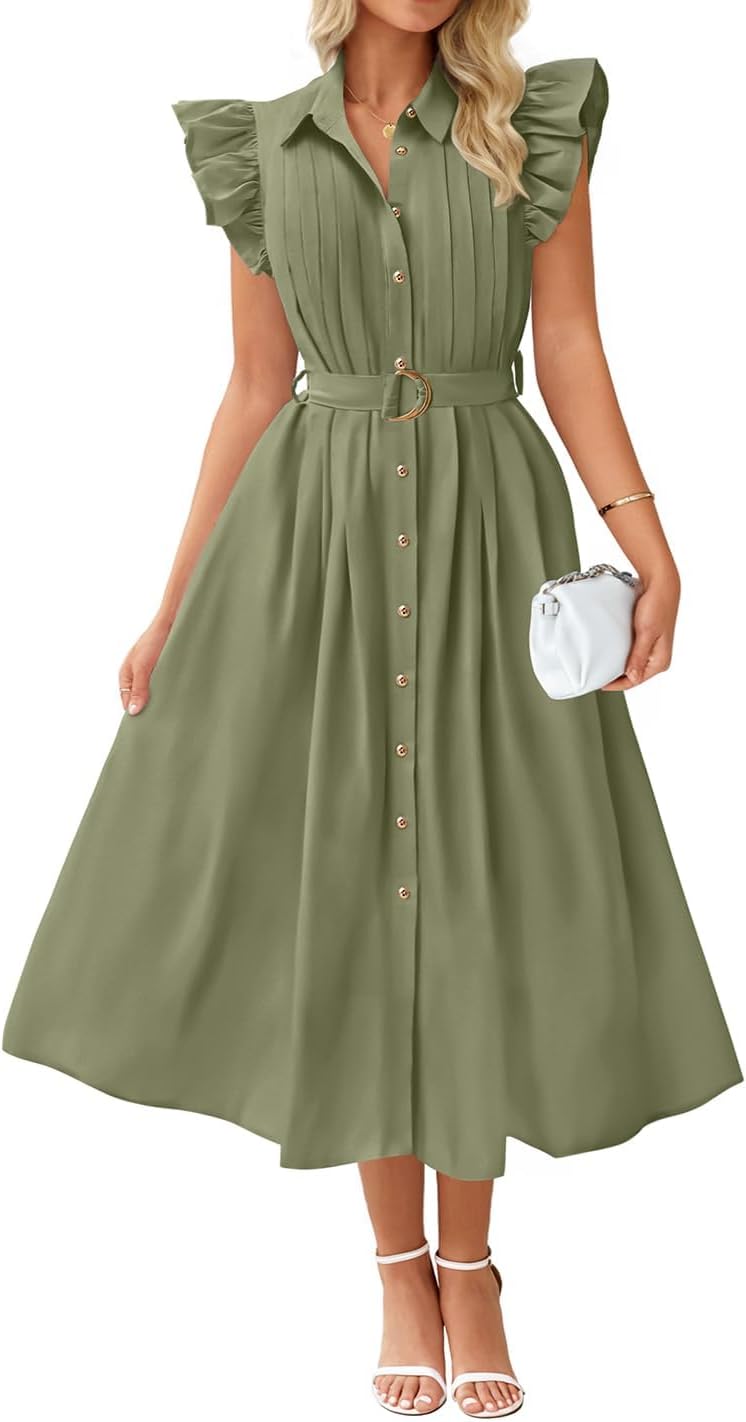 ZESICA Womens Summer Button Midi Dress Casual Work Dresses | Belted Dress,Button Down,Flutter Short Sleeve Dress with Pockets,Travel Vacation Dress,Business Casual Dress,Fashion Clothes