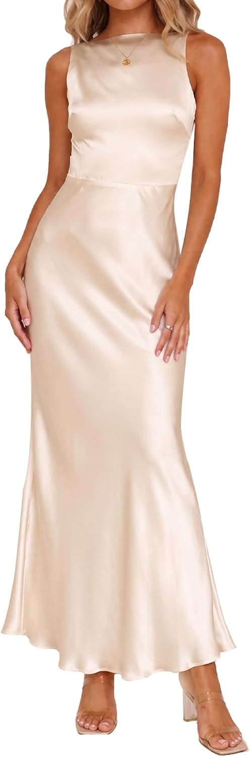 FULLVEB Summer Backless Satin Maxi Dresses for Women 2026 Formal | Silk,Sleeveless,Open Back,Spaghetti Strap,Wedding Guest,Elegant,Cowl Back, Cocktail,Low Back,Midi