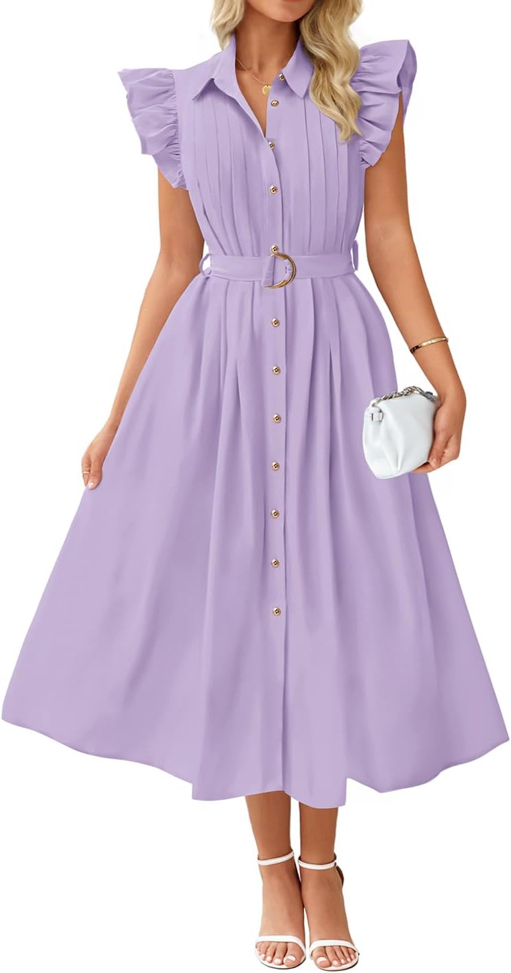 ZESICA Womens Summer Button Midi Dress Casual Work Dresses | Belted Dress,Button Down,Flutter Short Sleeve Dress with Pockets,Travel Vacation Dress,Business Casual Dress,Fashion Clothes