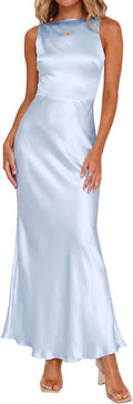 FULLVEB Summer Backless Satin Maxi Dresses for Women 2026 Formal | Silk,Sleeveless,Open Back,Spaghetti Strap,Wedding Guest,Elegant,Cowl Back, Cocktail,Low Back,Midi