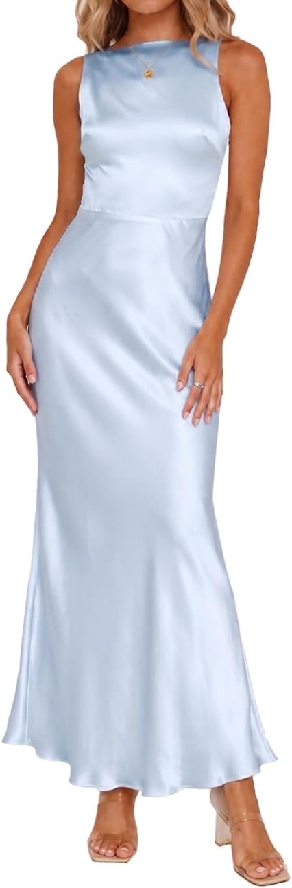FULLVEB Summer Backless Satin Maxi Dresses for Women 2026 Formal | Silk,Sleeveless,Open Back,Spaghetti Strap,Wedding Guest,Elegant,Cowl Back, Cocktail,Low Back,Midi