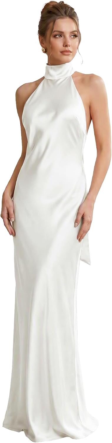 Froxima Women's Satin Halter Dress, High Neck Backless Maxi Formal Gown | Satin Wedding Guest Dress with Halter Neck for Formal Evenings, Cocktail Parties, Galas, Prom and Rehearsal Dinners