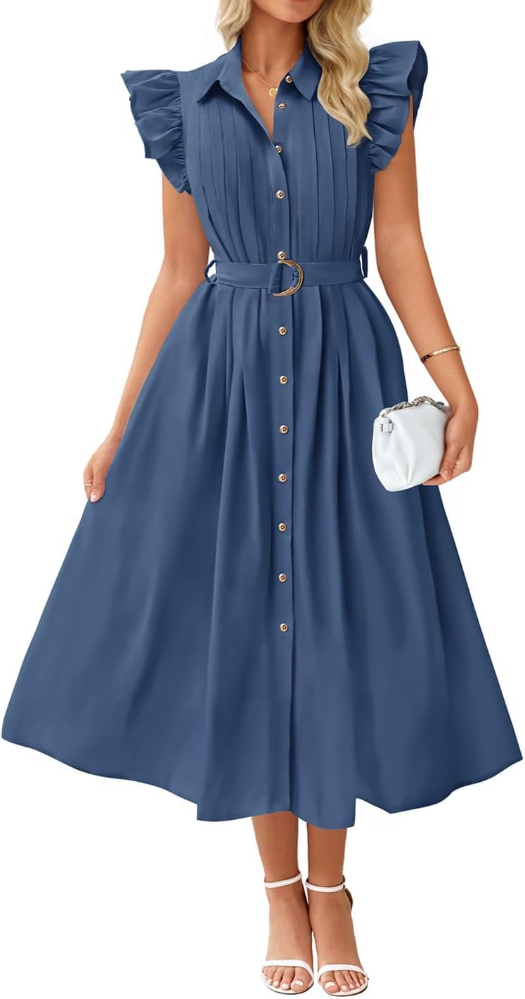 ZESICA Womens Summer Button Midi Dress Casual Work Dresses | Belted Dress,Button Down,Flutter Short Sleeve Dress with Pockets,Travel Vacation Dress,Business Casual Dress,Fashion Clothes
