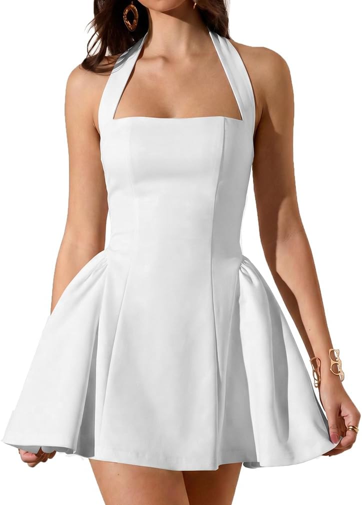 LAGSHIAN Women's Classy Halter Sleeveless Fit and Flare Mini Dress | Sexy Square Neck A-line Homecoming Short Dresses,Summer Cocktail Party,Stretchy,Graduation,Bridal Shower