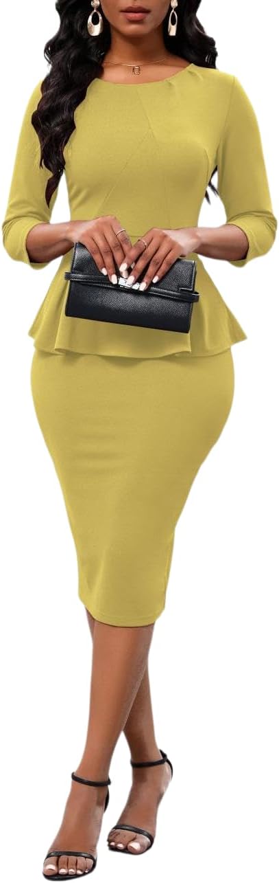 PerZeal Women's Peplum Bodycon Midi Dress Elegant Office Workwear | 3\/4 sleeve, crew neck, soft stretch fabric, flattering peplum waist, back slit, hidden zip, formal cocktail church wear