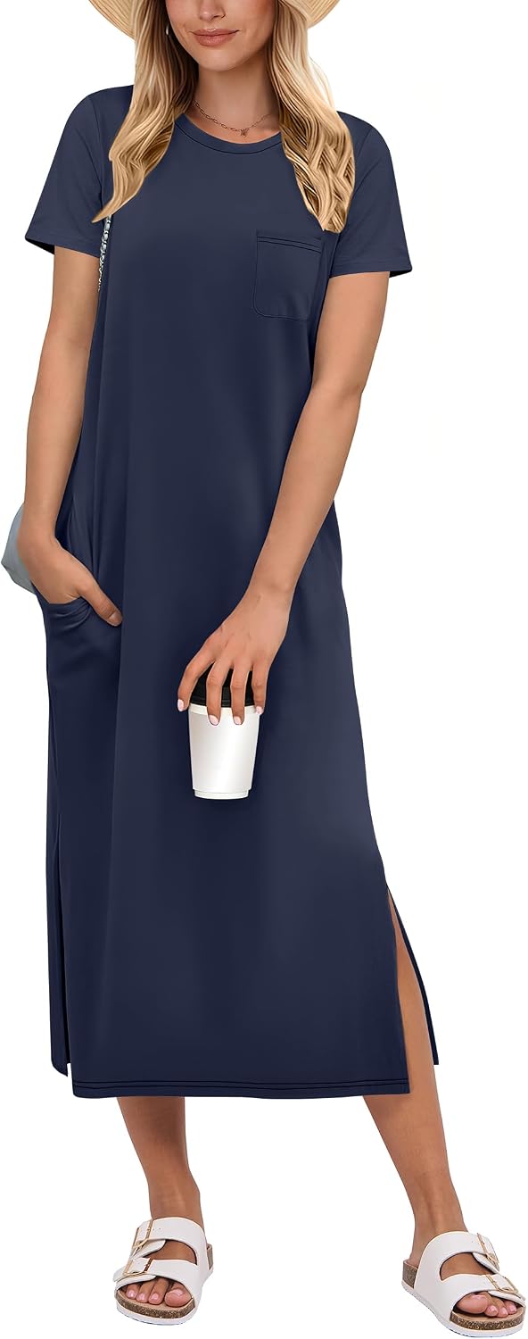 ANRABESS Womens Midi Dress,Summer Long Tshirts Dresses,Short Sleeve Split Stripe,Comfy Travel Beach Vacation Casual Wear