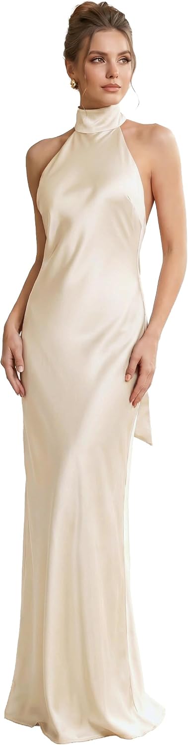 Froxima Women's Satin Halter Dress, High Neck Backless Maxi Formal Gown | Satin Wedding Guest Dress with Halter Neck for Formal Evenings, Cocktail Parties, Galas, Prom and Rehearsal Dinners