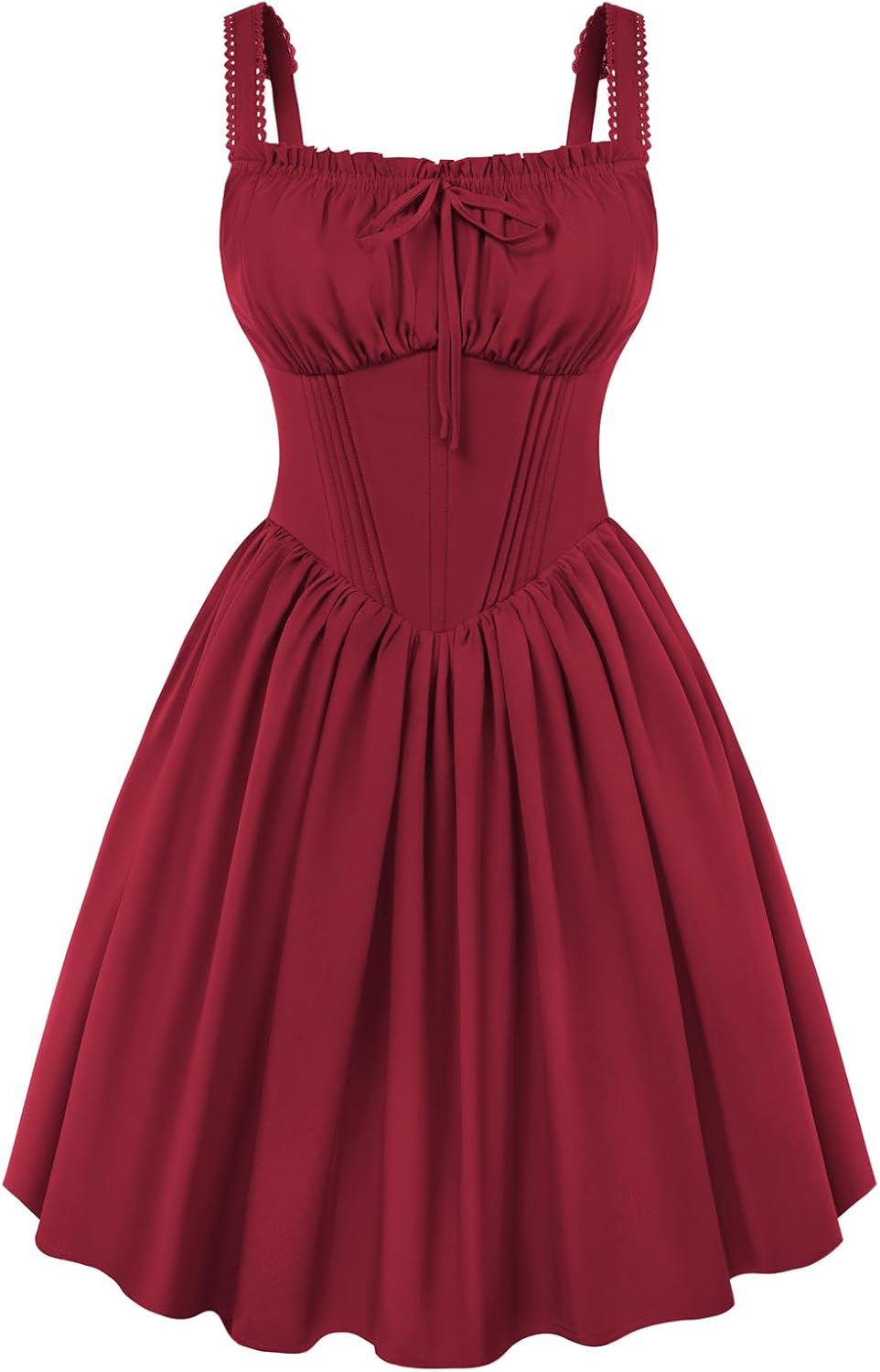 Scarlet Darkness Corset Mini Dress Adjustable Straps Sundress with Pockets | Adjustable Strap, Fixed Front Bow, Boned Corset Waist, Lacing Smocked Back, Zip, Pocket. For Daily, Club & Halloween Cosplay