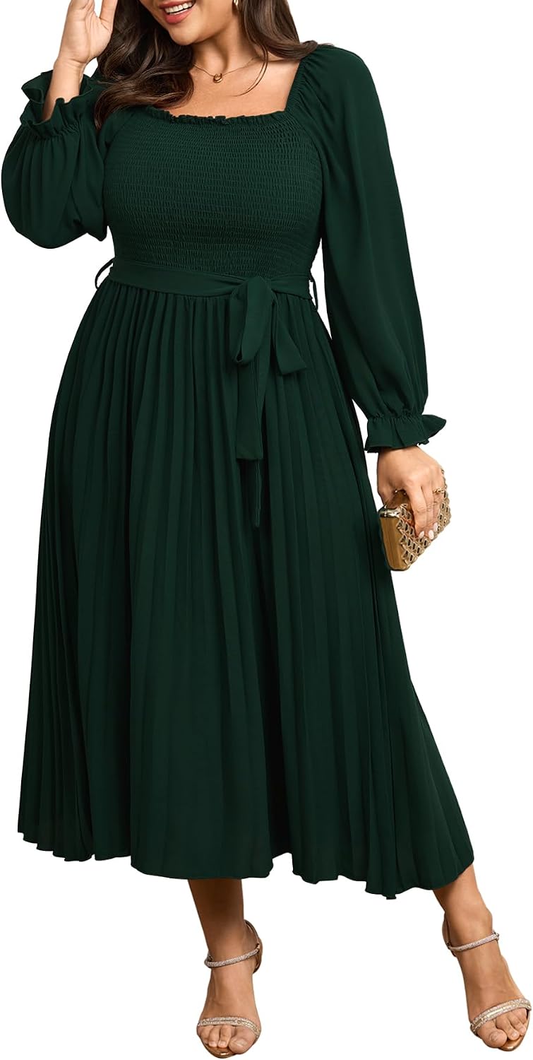 SHESTARR Women's Plus Size Maxi Dress Pleated Semi Formal Dress | Long Sleeve, Smocked Square Neck, Ruffle Pleated, Flowy, Wedding Guest, Cocktail, Semi Formal, Fall Dress