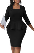 Runwind Plus Size Dresses Curvy Women Church Work Peplum Midi Pencil Dress | Ruffle waist to hide tummy, elegant business bodycon style, back zipper and 3\/4 sleeve, unique square neck spliced crewneck