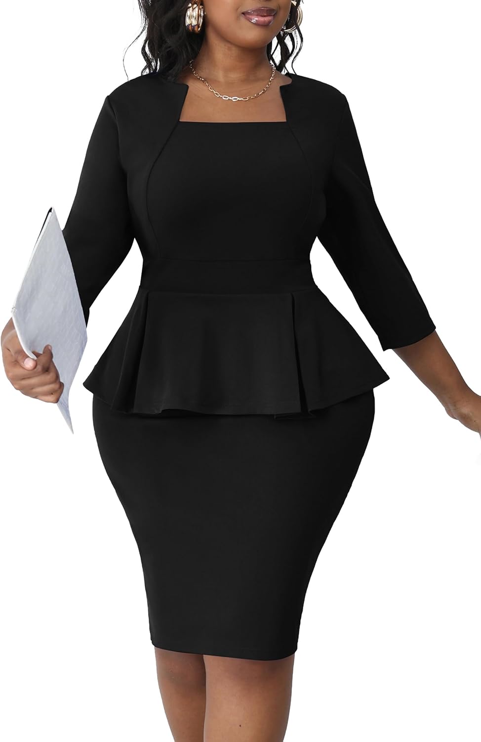 Runwind Plus Size Dresses Curvy Women Church Work Peplum Midi Pencil Dress | Ruffle waist to hide tummy, elegant business bodycon style, back zipper and 3\/4 sleeve, unique square neck spliced crewneck