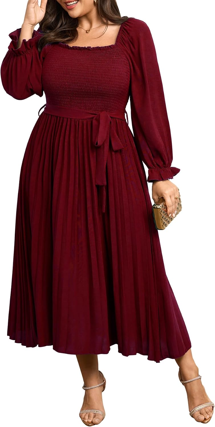 SHESTARR Women's Plus Size Maxi Dress Pleated Semi Formal Dress | Long Sleeve, Smocked Square Neck, Ruffle Pleated, Flowy, Wedding Guest, Cocktail, Semi Formal, Fall Dress