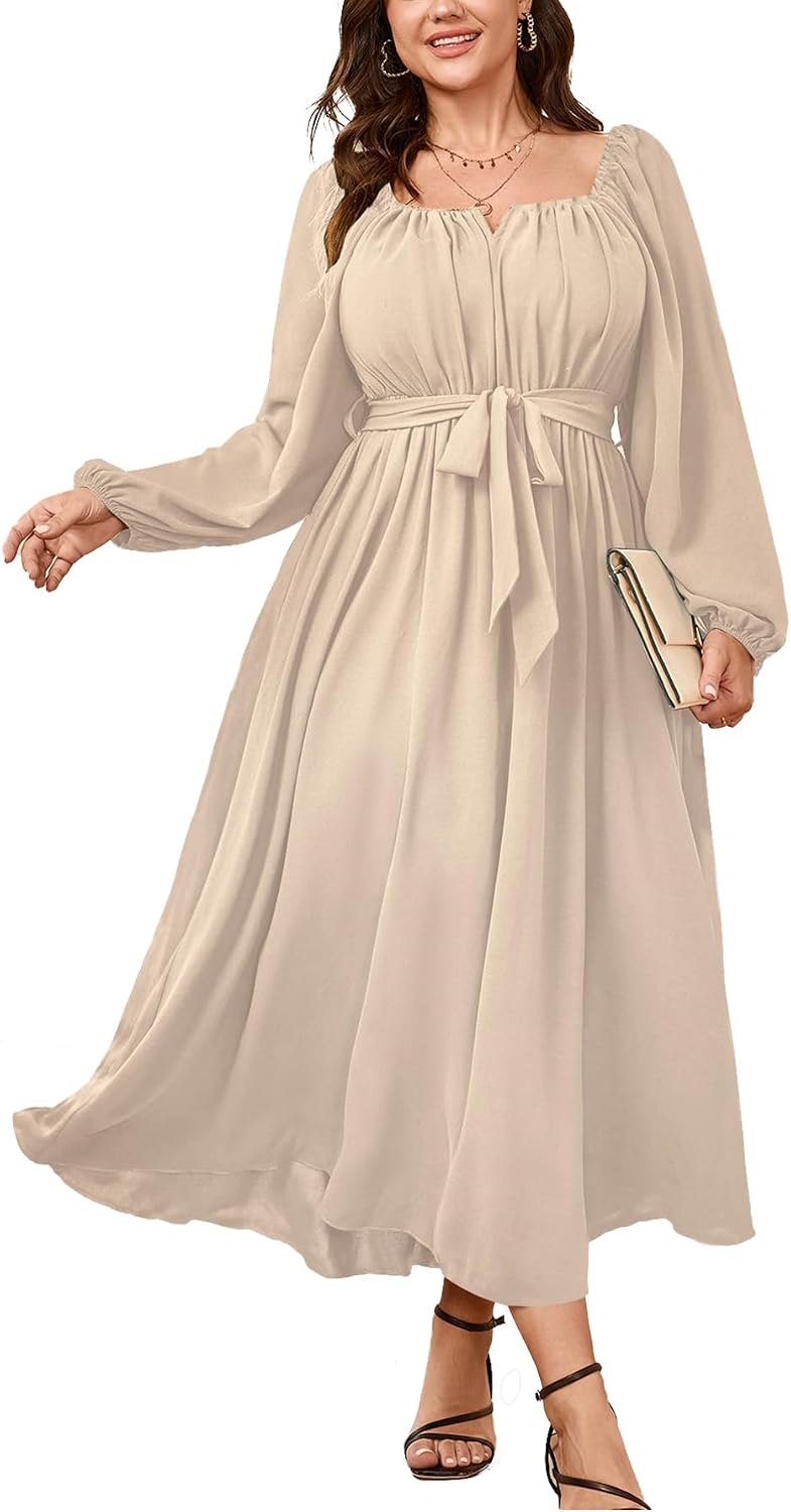 SCOMCHIC Women Plus Size Maxi Dress Long Sleeve Square Neck Flowy Dresses | Wedding Guest Cocktail Dress Elegant A Line Long Dresses Formal Evening Party Belted Fall Dress