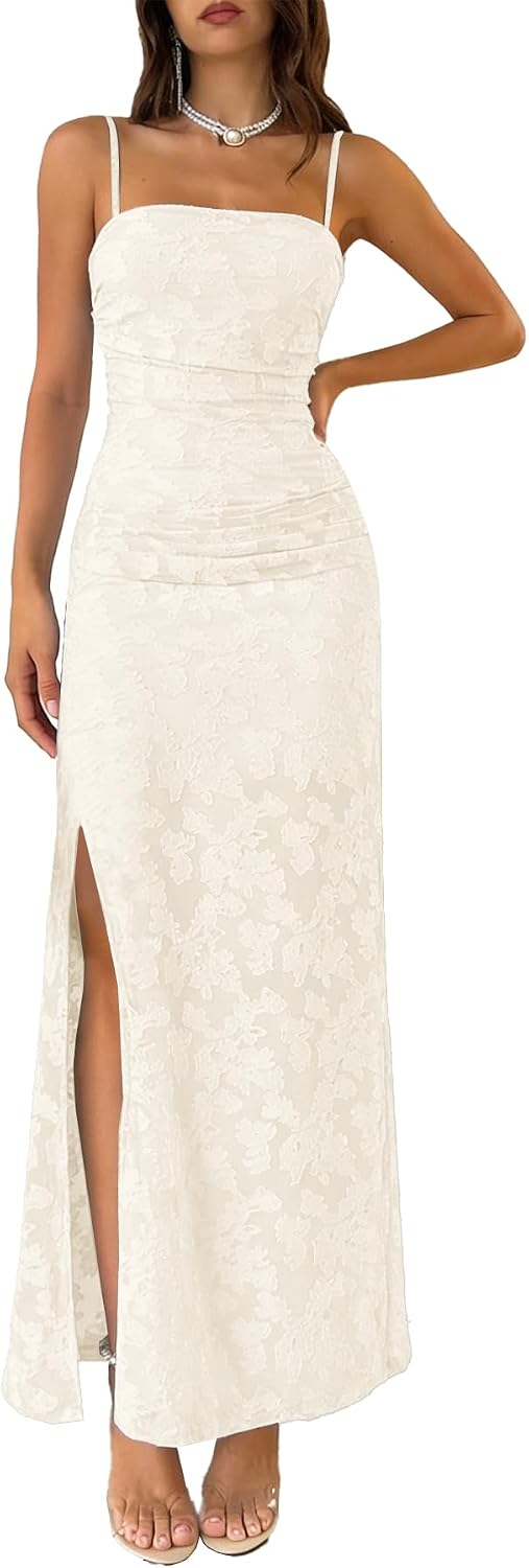 MITILLY Summer Formal Wedding Guest Dress Bridal Shower Evening Party Gown | Adjustable Spaghtti Straps, Bodycon Ruched, Lined, Square Neck, Maxi Dress with Slit, for Wedding, Cocktail, Prom