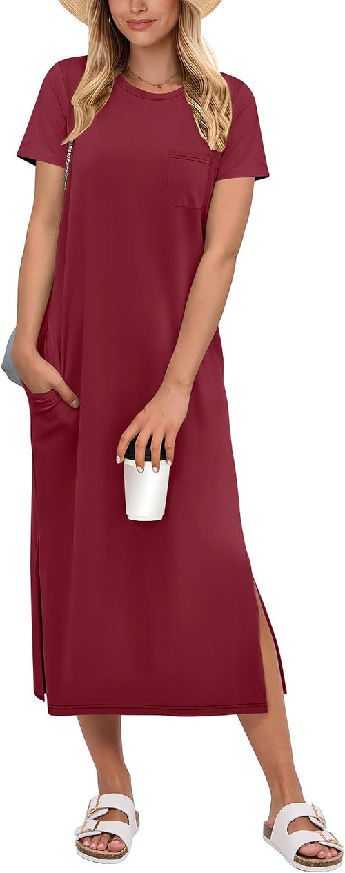 ANRABESS Womens Midi Dress,Summer Long Tshirts Dresses,Short Sleeve Split Stripe,Comfy Travel Beach Vacation Casual Wear