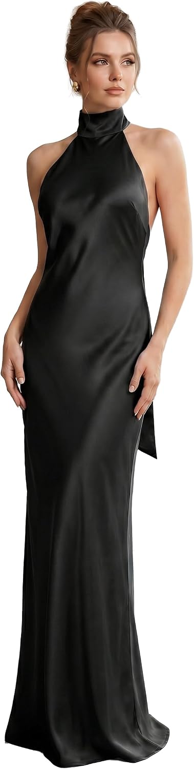Froxima Women's Satin Halter Dress, High Neck Backless Maxi Formal Gown | Satin Wedding Guest Dress with Halter Neck for Formal Evenings, Cocktail Parties, Galas, Prom and Rehearsal Dinners