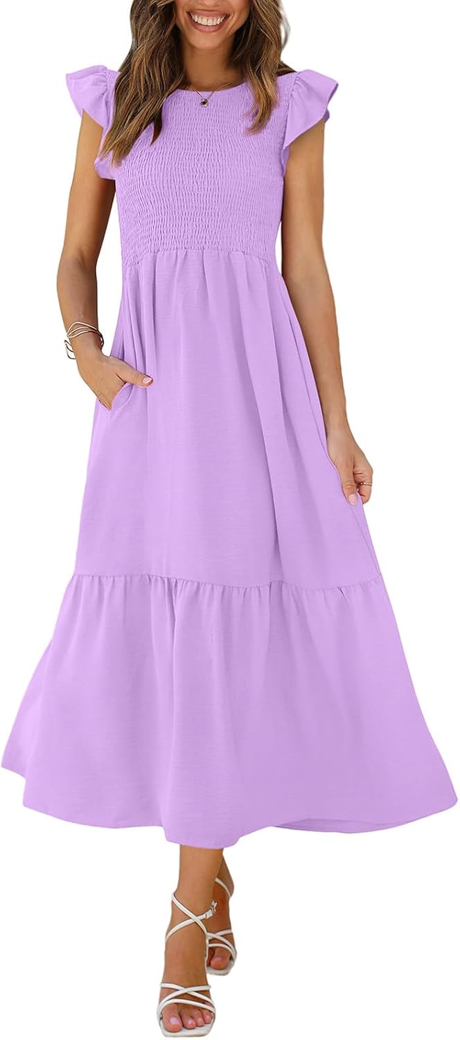 OFEEFAN Women's Casual Maxi Dresses with Pockets Ruffle Sleeve Smocked Dress XS-2XL