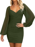 ZESICA Womens Fall Long Sleeve Cocktail Party Mini Dresses | 2026 Sexy Dress, V Neck Short Dress, Bodycon Ruched Dress, Puff Sleeve, Slim Fitted, Trendy Wedding Dress, homecoming dresses