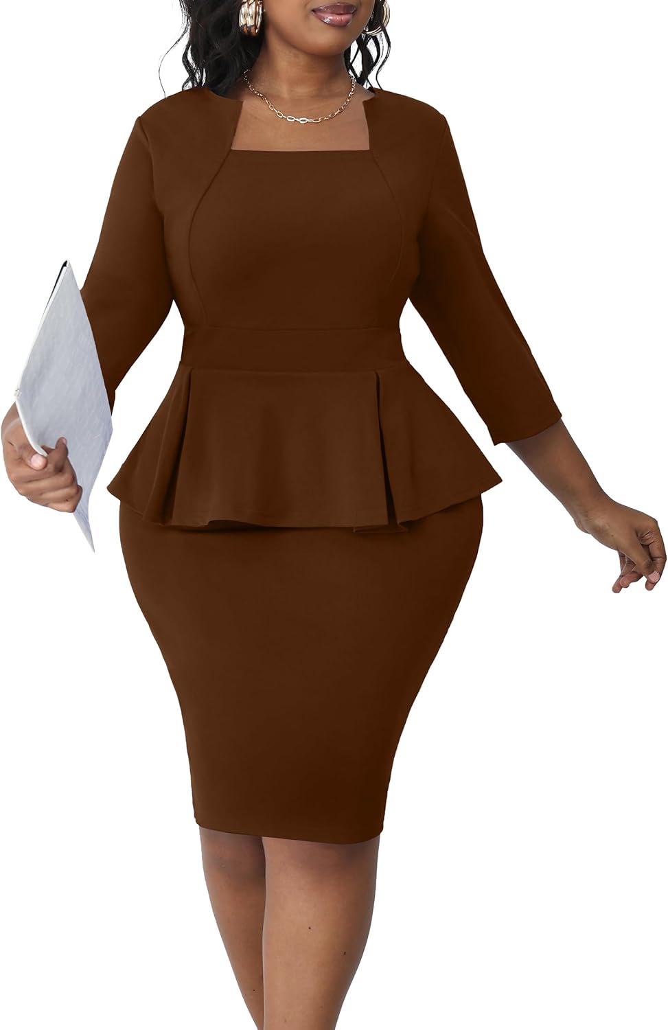 Runwind Plus Size Dresses Curvy Women Church Work Peplum Midi Pencil Dress | Ruffle waist to hide tummy, elegant business bodycon style, back zipper and 3\/4 sleeve, unique square neck spliced crewneck