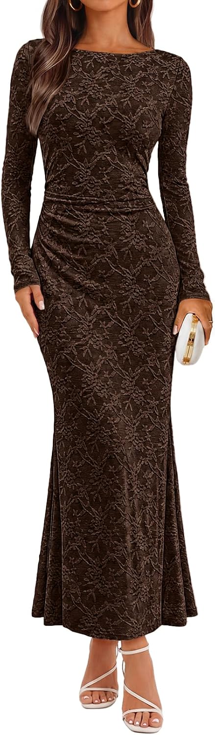 MEROKEETY Women's Fall Wedding Guest Formal Floral Maxi Dresses | Long Sleeve, Bodycon, 2026 Winter, Cocktail Party, Boat Neck, Lace Jacquard Knit, Mermaid Hem, Sheer Sleeves, Long Dress