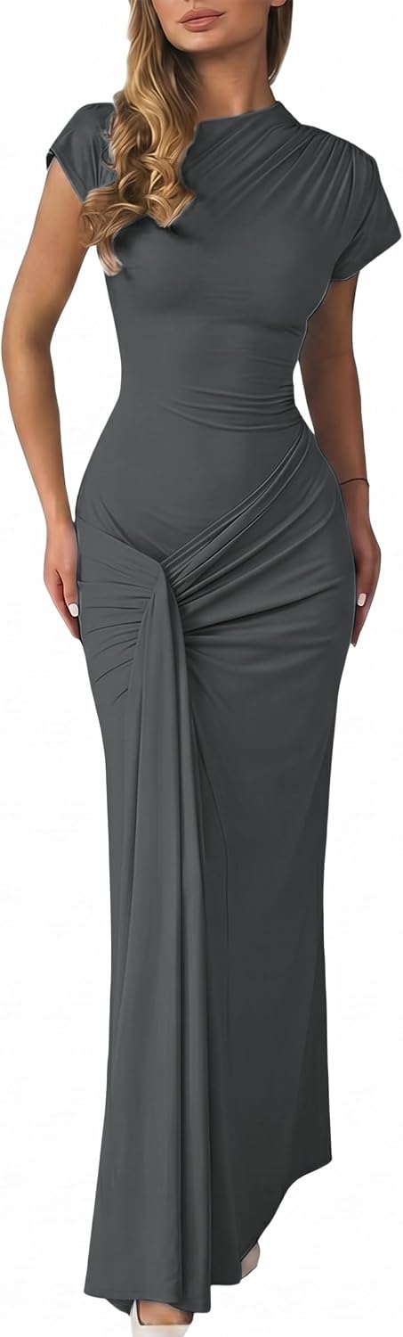 Mojessy Women Bodycon Maxi Dress Sexy Mock Neck Lace Up Bandage Ruched Short Sleeve Long Dress Cocktail Dress