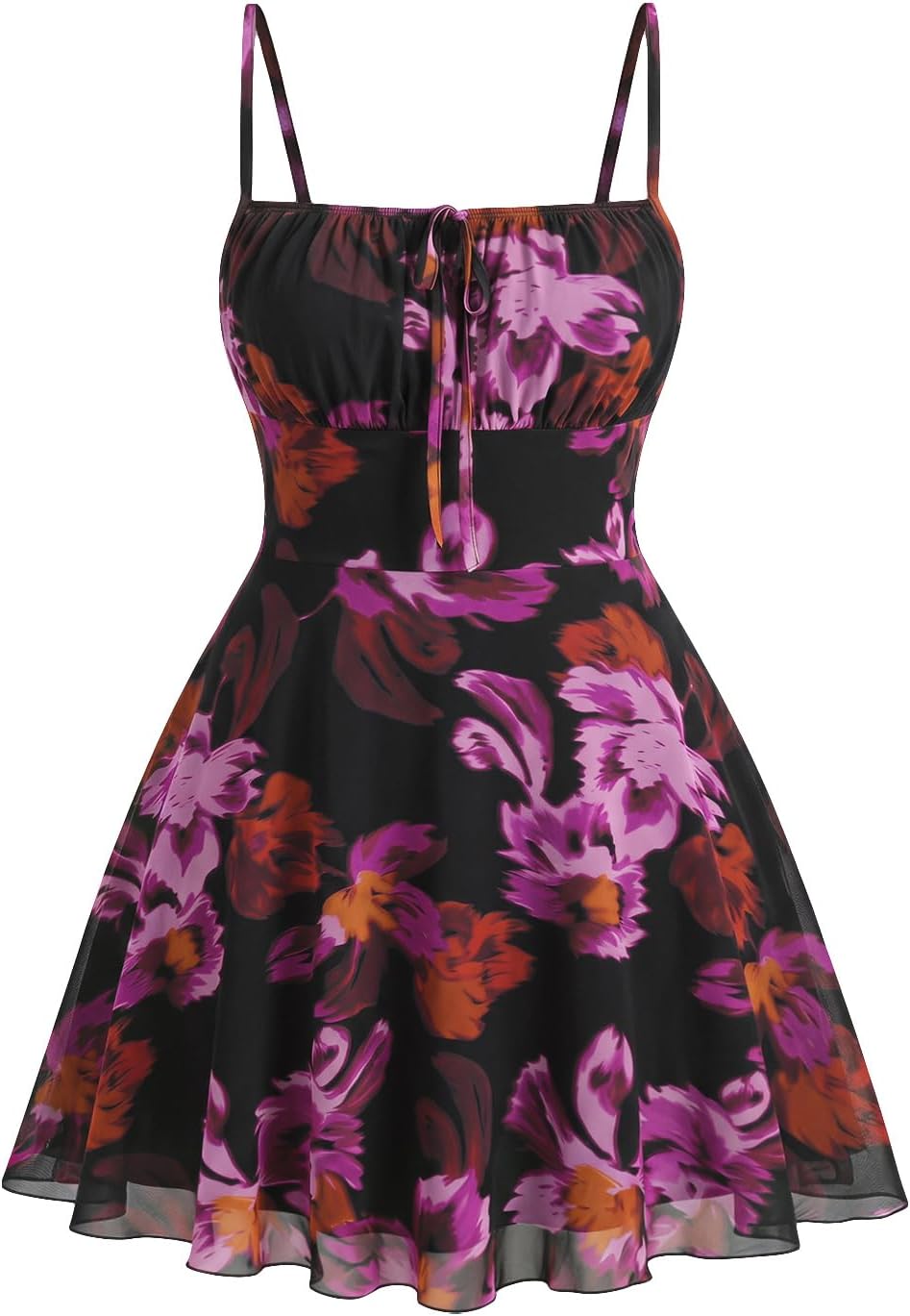 WDIRARA Women's Plus Size Floral Print Mesh Cami Dress | Tie Front, Ruffle Hem, A Line