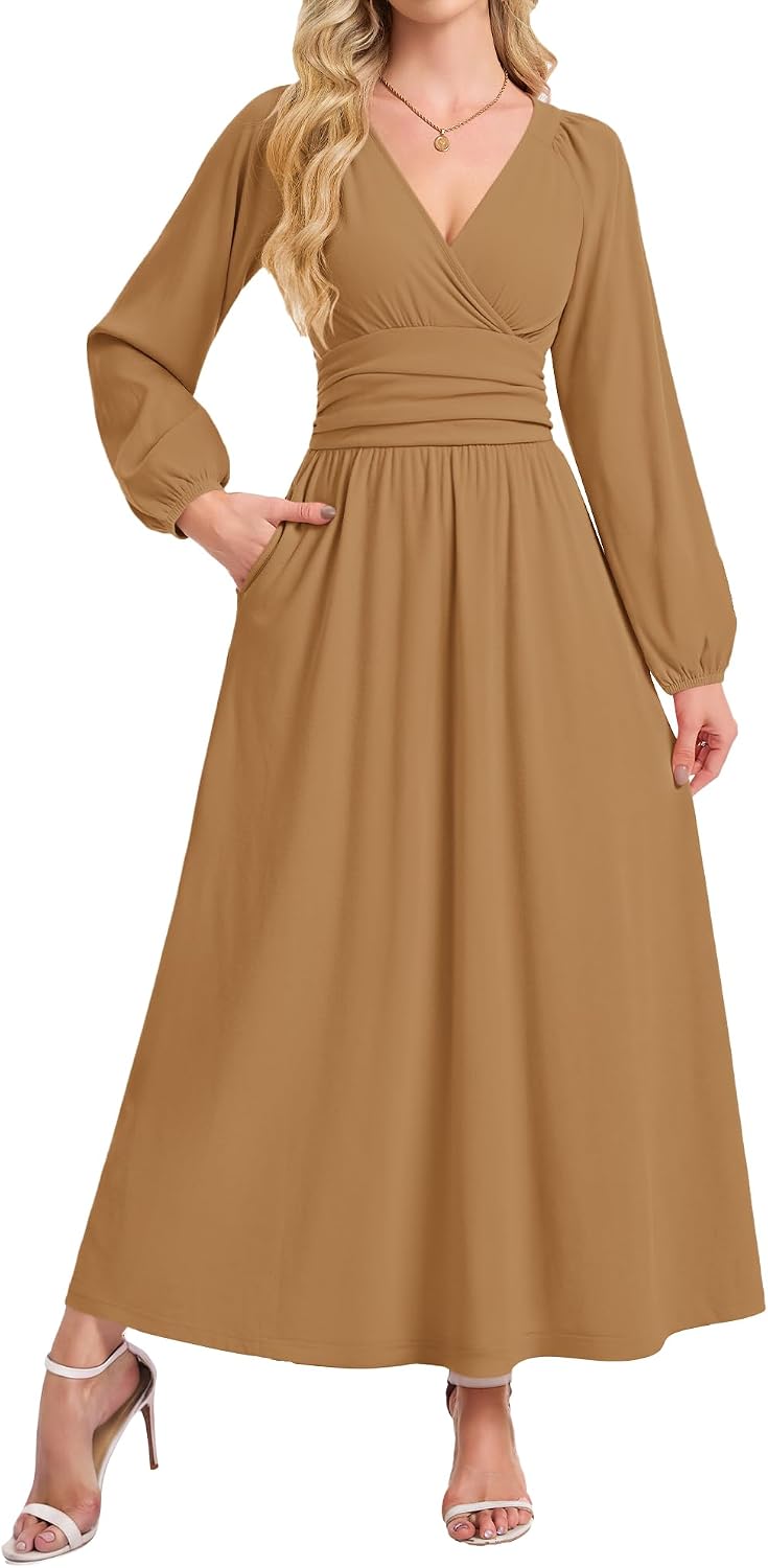 AUSELILY Womens Long Sleeve Maxi Dresses Fall Winter Wrap Formal Dress | Thick Heavy Smocked Empire Waist V-Neck Wrap Wedding Guest Christmas Cocktail Church Funeral Vacation dress with Pockets