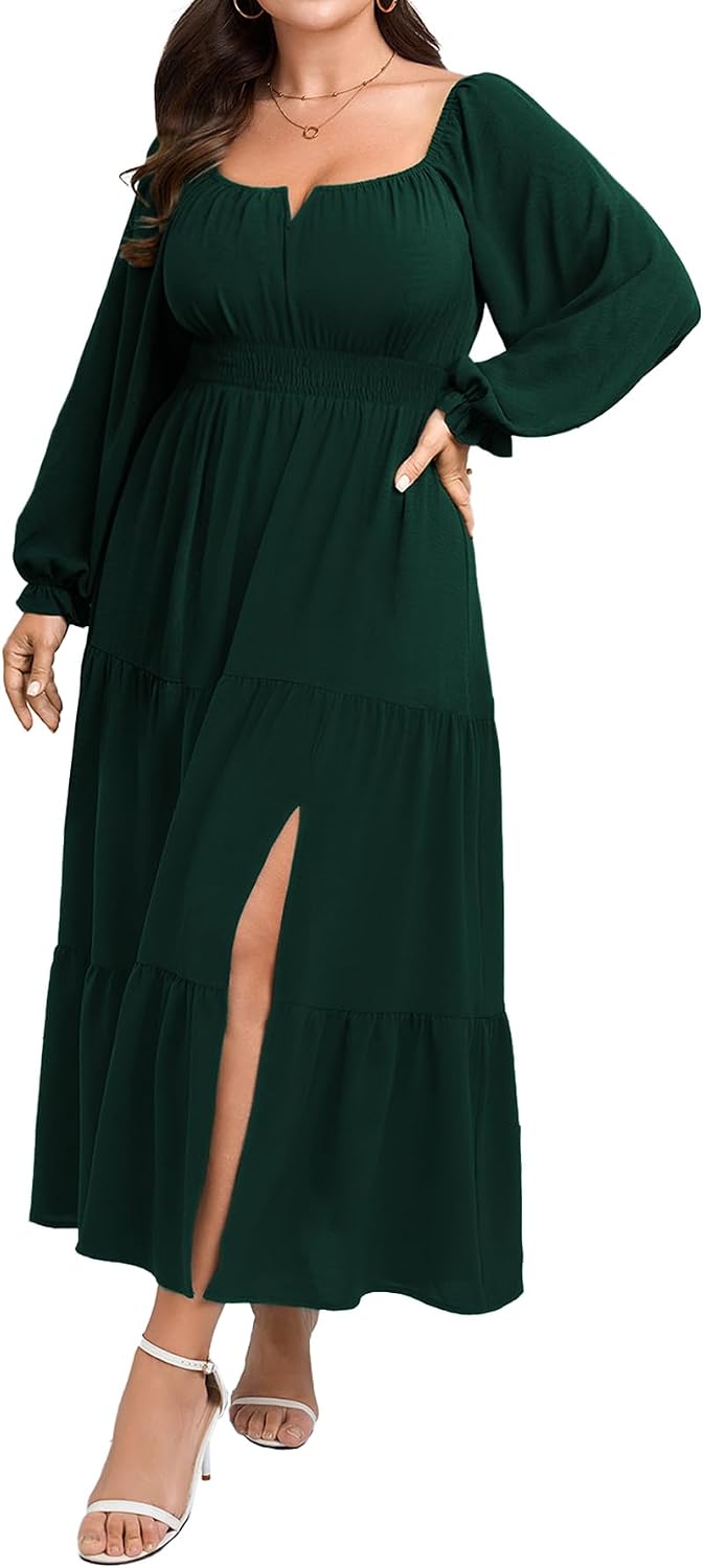 SCOMCHIC Womens Plus Size Formal Dress Fall Long Sleeve Square Neck Flowy A Line Tiered Side Split Wedding Guest Maxi Dress