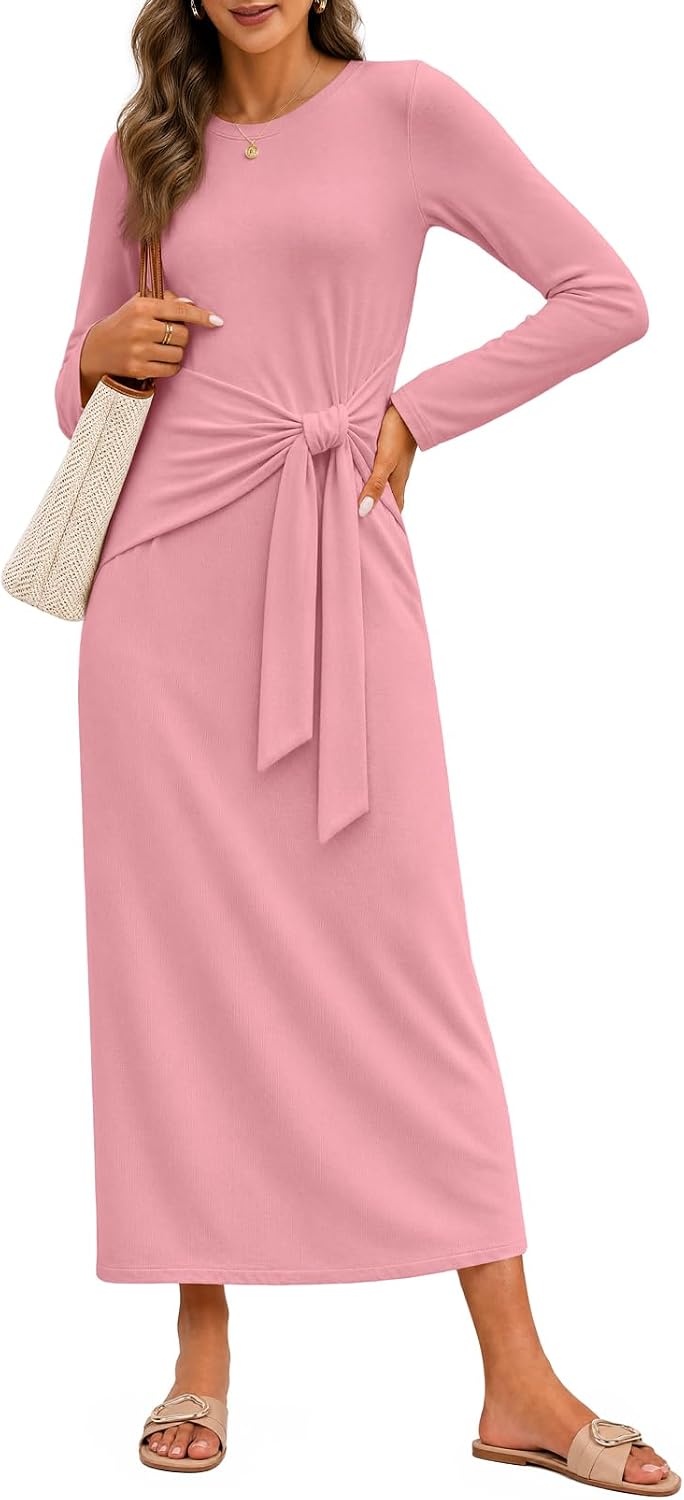 MEROKEETY Women's Fall Long Sleeve Casual T Shirt Work Maxi Dress | Tie Waist, Wrap, Crew Neck, Business Casual, Slim Fit, Long Dress, High Stretch, Fleece-Lined, 2026 Winter, Dressy Trendy