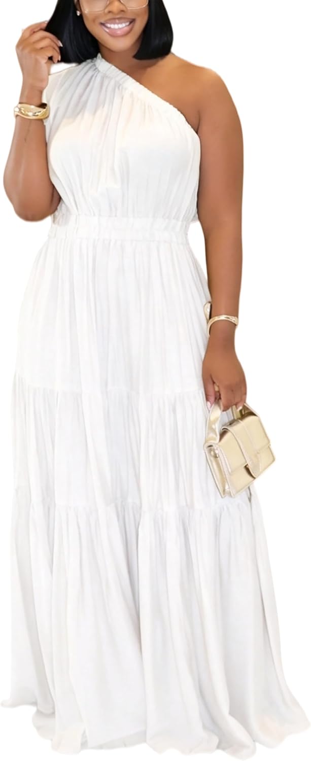 YUEWOO Casual Summer Dresses for Women One Shoulder Sleeveless Boho Beach Maxi Dress Flowy Long Sundresses Vacation Outfits