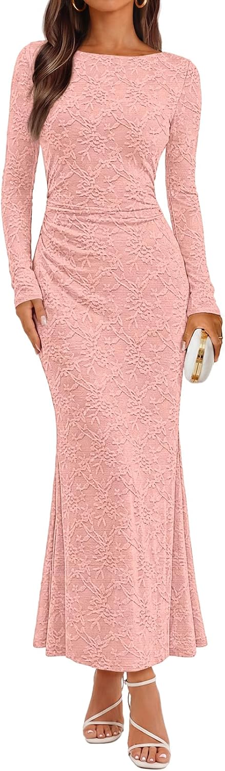 MEROKEETY Women's Fall Wedding Guest Formal Floral Maxi Dresses | Long Sleeve, Bodycon, 2026 Winter, Cocktail Party, Boat Neck, Lace Jacquard Knit, Mermaid Hem, Sheer Sleeves, Long Dress