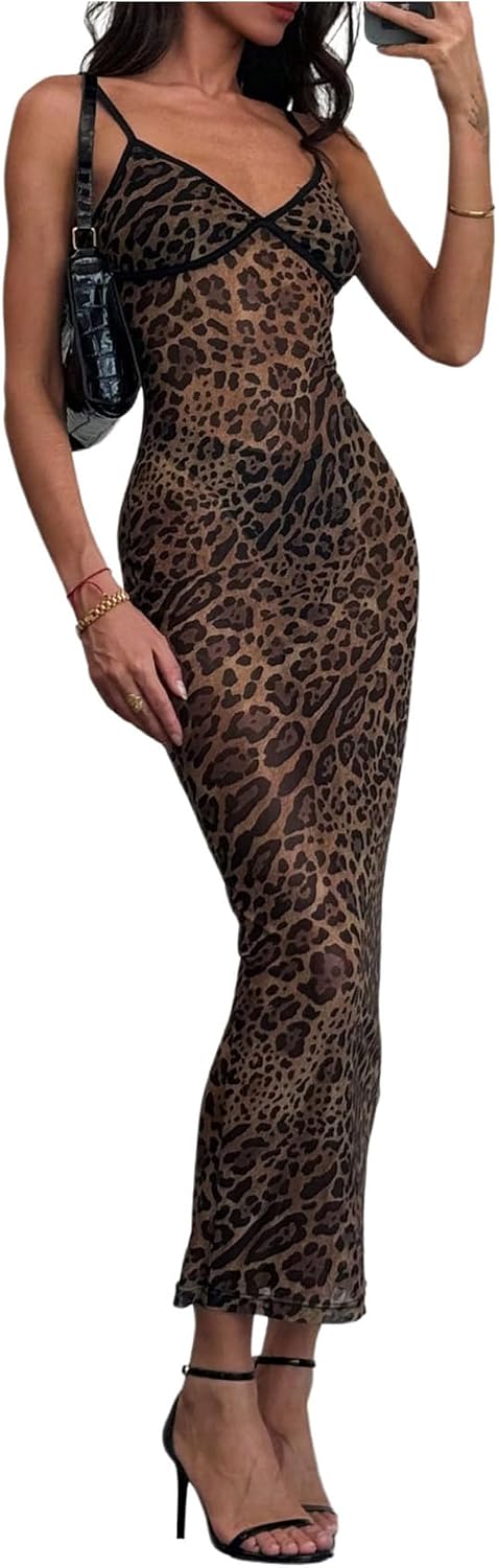 BEAUDRM Women's Sexy Cheetah Sheer Dress Y2K Mesh Leopard See Through Bodycon Maxi Dress Going Out Date Party Rave Clubwear