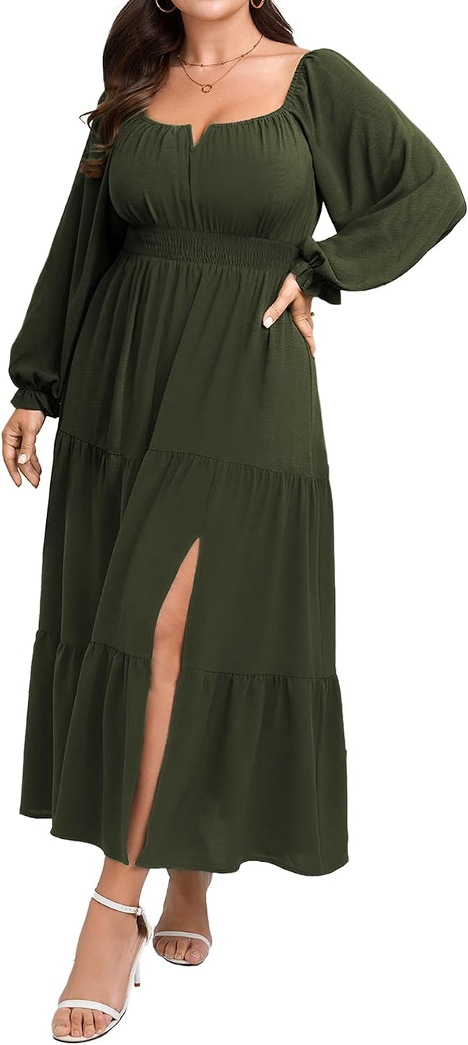 SCOMCHIC Womens Plus Size Formal Dress Fall Long Sleeve Square Neck Flowy A Line Tiered Side Split Wedding Guest Maxi Dress