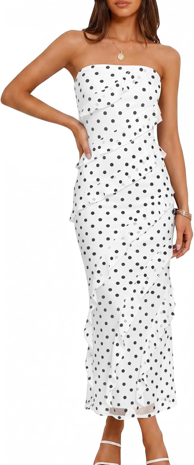 Muchpow Womens Strapless Polka Dot Ruffle Mesh Maxi Wedding Guest Dress | Lined Off Shoulder Back Slit Bodycon Dress, Stretchy Cocktail Party Rehearsal Dinner Going Out Vacation Long Dresses