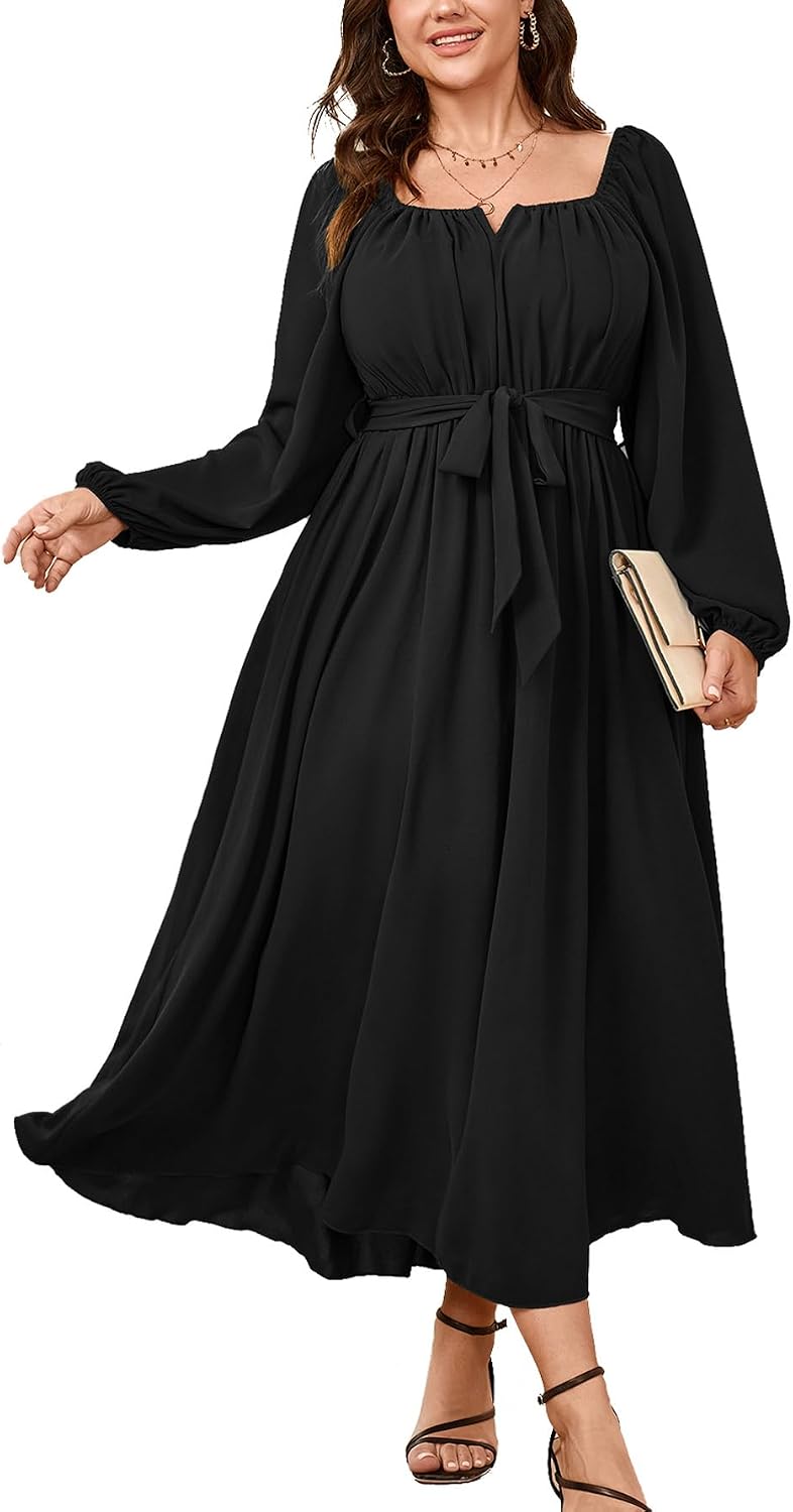 SCOMCHIC Women Plus Size Maxi Dress Long Sleeve Square Neck Flowy Dresses | Wedding Guest Cocktail Dress Elegant A Line Long Dresses Formal Evening Party Belted Fall Dress