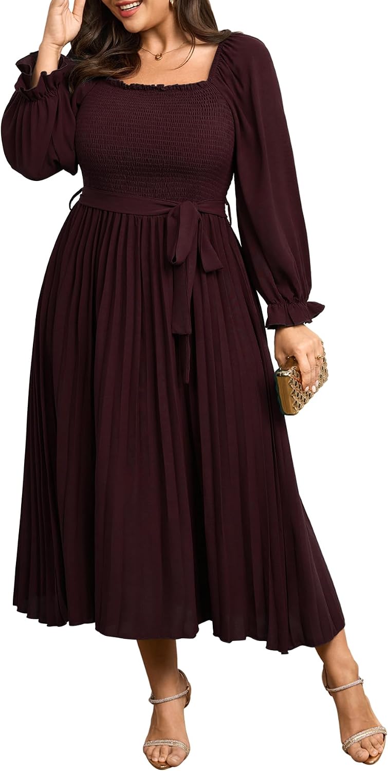 SHESTARR Women's Plus Size Maxi Dress Pleated Semi Formal Dress | Long Sleeve, Smocked Square Neck, Ruffle Pleated, Flowy, Wedding Guest, Cocktail, Semi Formal, Fall Dress