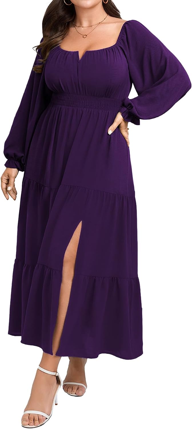 SCOMCHIC Womens Plus Size Formal Dress Fall Long Sleeve Square Neck Flowy A Line Tiered Side Split Wedding Guest Maxi Dress