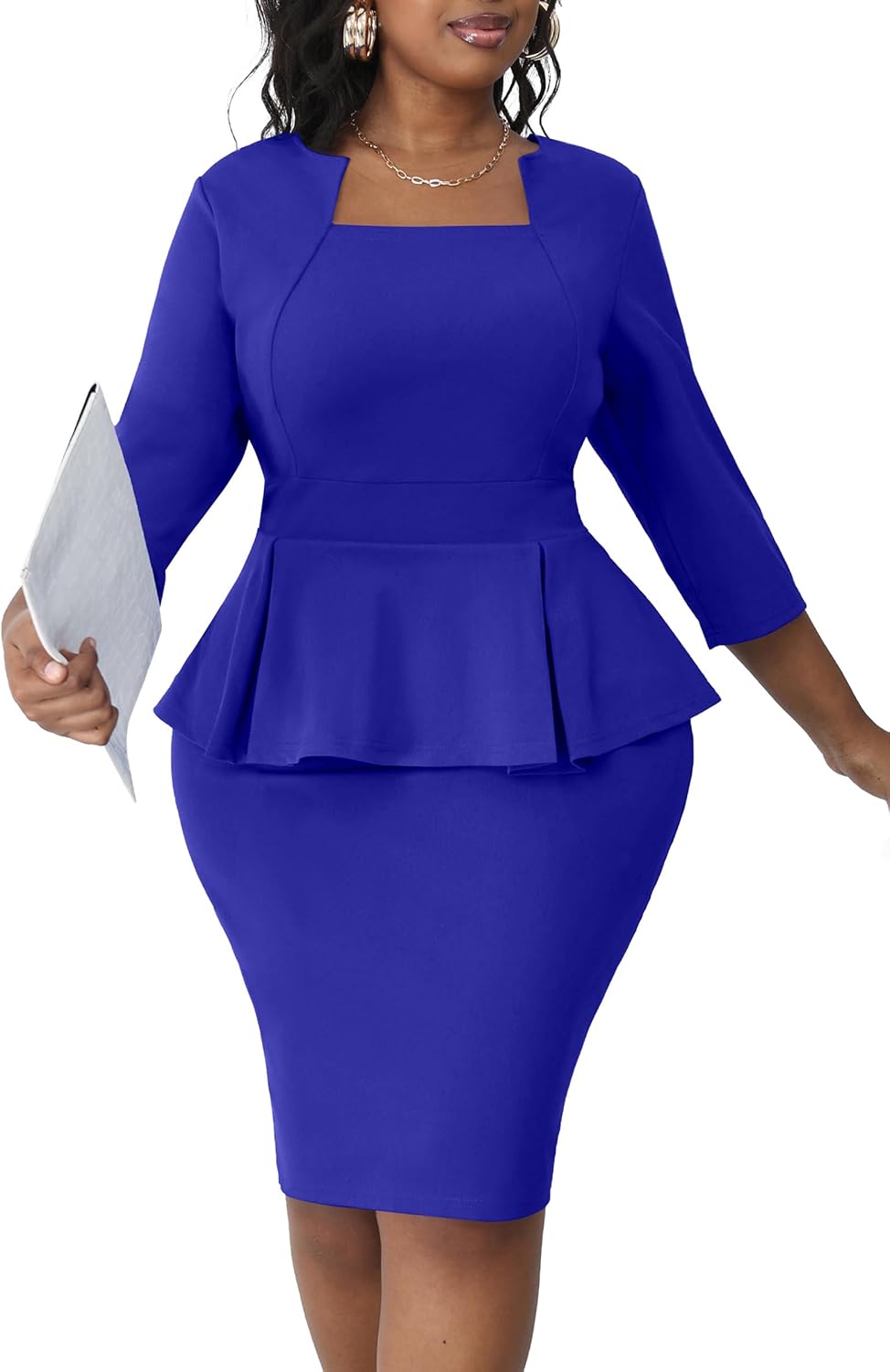 Runwind Plus Size Dresses Curvy Women Church Work Peplum Midi Pencil Dress | Ruffle waist to hide tummy, elegant business bodycon style, back zipper and 3\/4 sleeve, unique square neck spliced crewneck