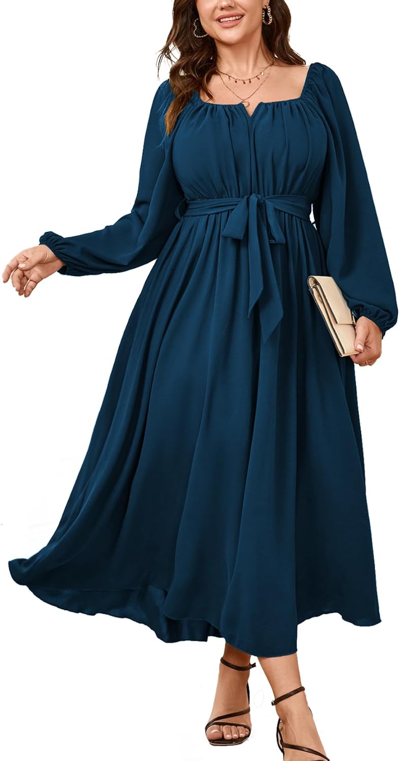 SCOMCHIC Women Plus Size Maxi Dress Long Sleeve Square Neck Flowy Dresses | Wedding Guest Cocktail Dress Elegant A Line Long Dresses Formal Evening Party Belted Fall Dress