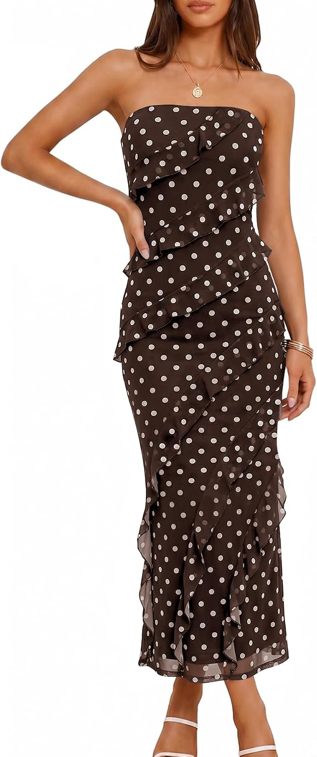 Muchpow Womens Strapless Polka Dot Ruffle Mesh Maxi Wedding Guest Dress | Lined Off Shoulder Back Slit Bodycon Dress, Stretchy Cocktail Party Rehearsal Dinner Going Out Vacation Long Dresses