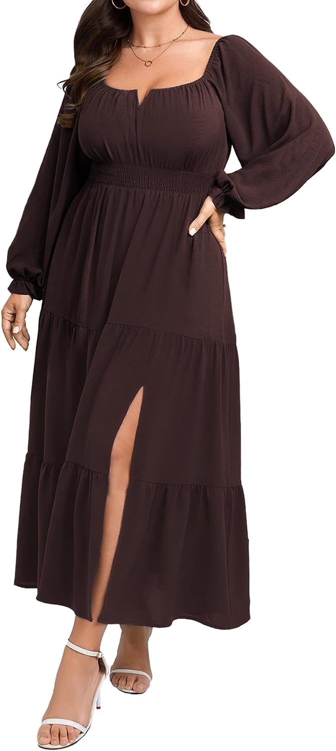 SCOMCHIC Womens Plus Size Formal Dress Fall Long Sleeve Square Neck Flowy A Line Tiered Side Split Wedding Guest Maxi Dress