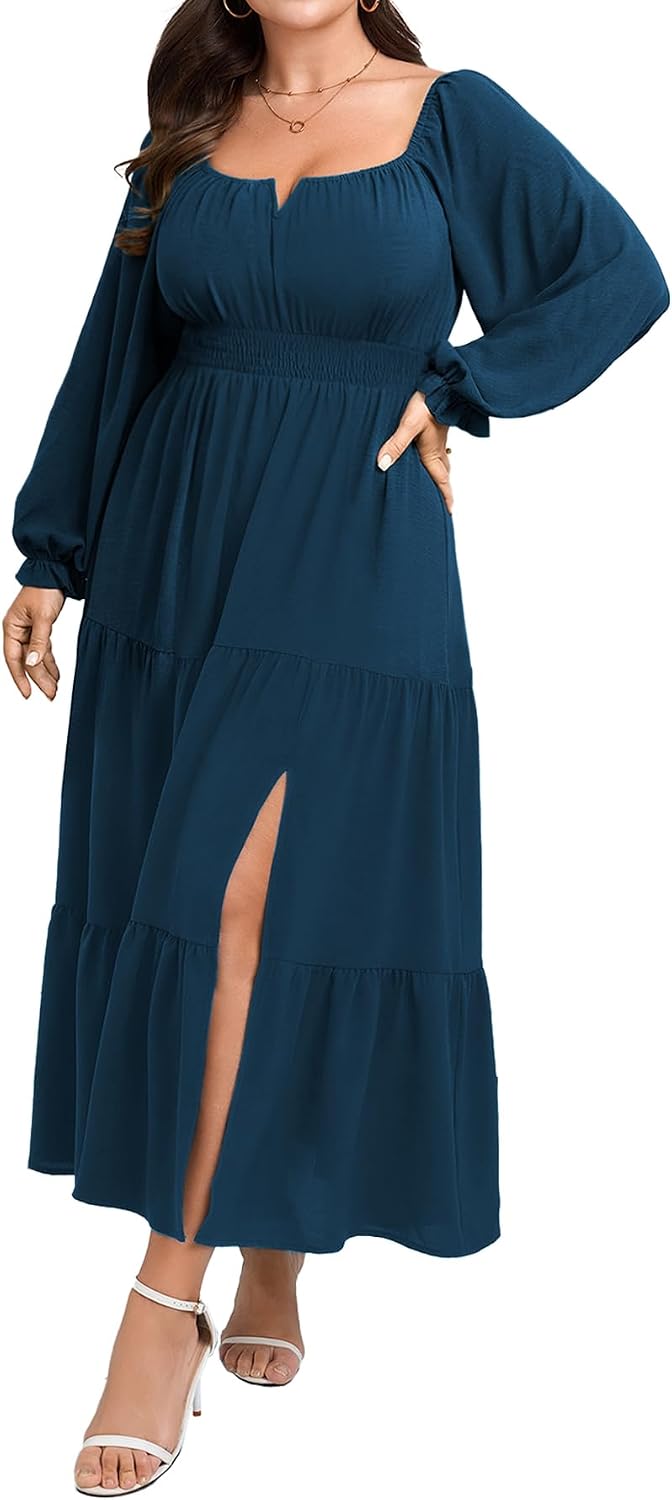SCOMCHIC Womens Plus Size Formal Dress Fall Long Sleeve Square Neck Flowy A Line Tiered Side Split Wedding Guest Maxi Dress