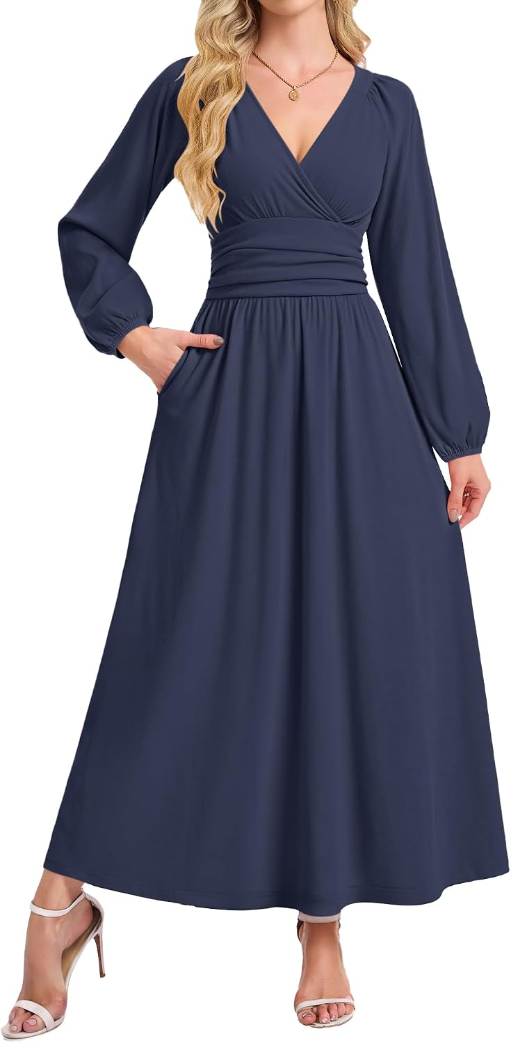 AUSELILY Womens Long Sleeve Maxi Dresses Fall Winter Wrap Formal Dress | Thick Heavy Smocked Empire Waist V-Neck Wrap Wedding Guest Christmas Cocktail Church Funeral Vacation dress with Pockets