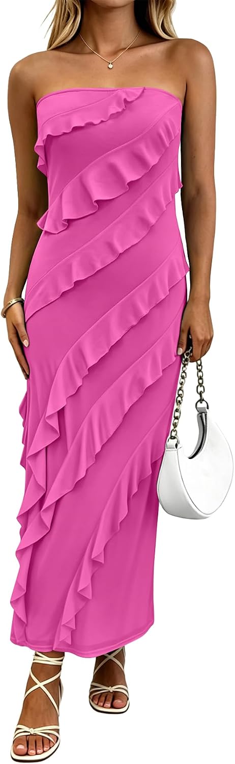 Muchpow Womens Strapless Polka Dot Ruffle Mesh Maxi Wedding Guest Dress | Lined Off Shoulder Back Slit Bodycon Dress, Stretchy Cocktail Party Rehearsal Dinner Going Out Vacation Long Dresses