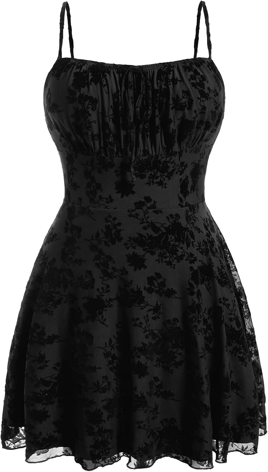 WDIRARA Women's Plus Size Floral Print Mesh Cami Dress | Tie Front, Ruffle Hem, A Line