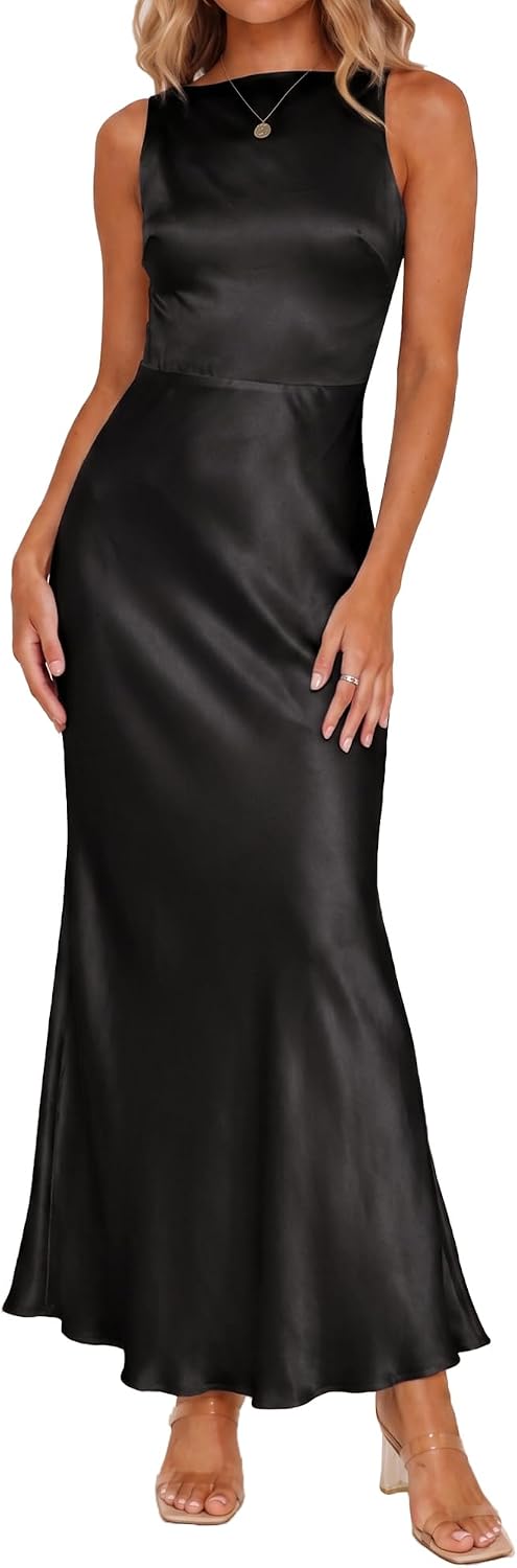 FULLVEB Summer Backless Satin Maxi Dresses for Women 2026 Formal | Silk,Sleeveless,Open Back,Spaghetti Strap,Wedding Guest,Elegant,Cowl Back, Cocktail,Low Back,Midi