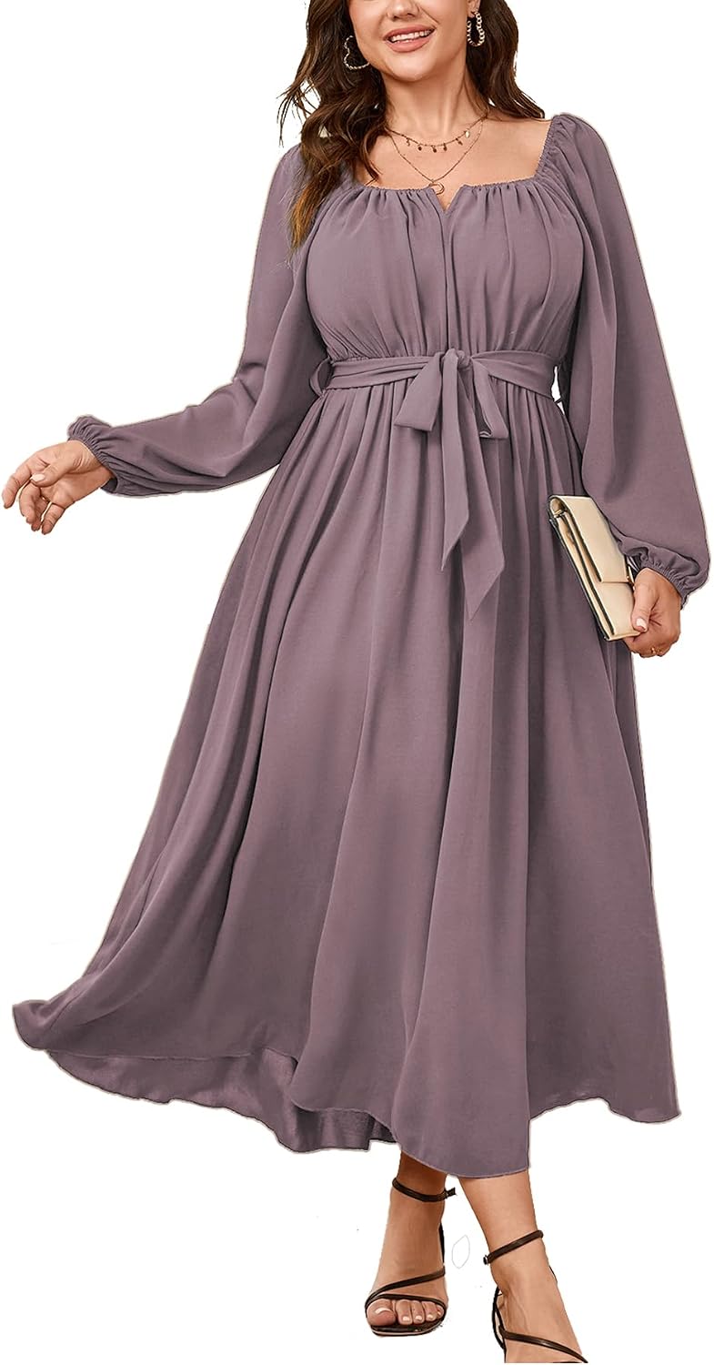 SCOMCHIC Women Plus Size Maxi Dress Long Sleeve Square Neck Flowy Dresses | Wedding Guest Cocktail Dress Elegant A Line Long Dresses Formal Evening Party Belted Fall Dress