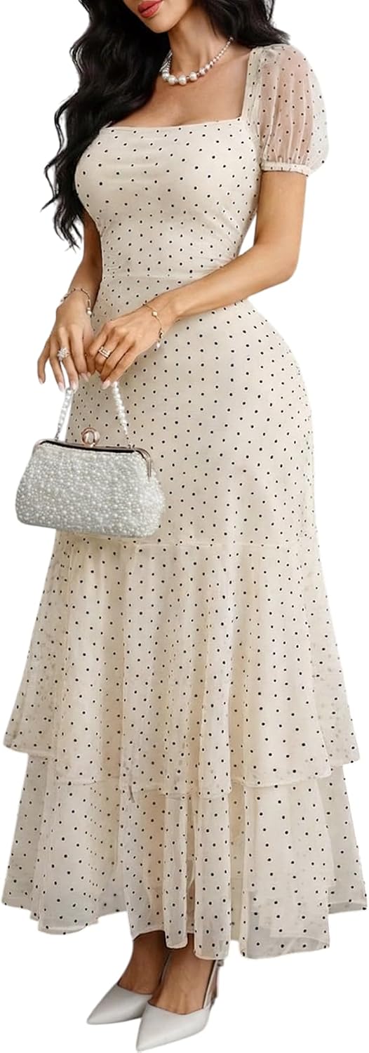 GothDark Polka Dot Dress for Women 2026 Square Neck High Slit Casual Dress | Stretch Fabric, Polka Dot, Square Neck, Short Puff Sleeve, High Slit, Ruffled Hem, Party, Wedding Guest, Casual Dress