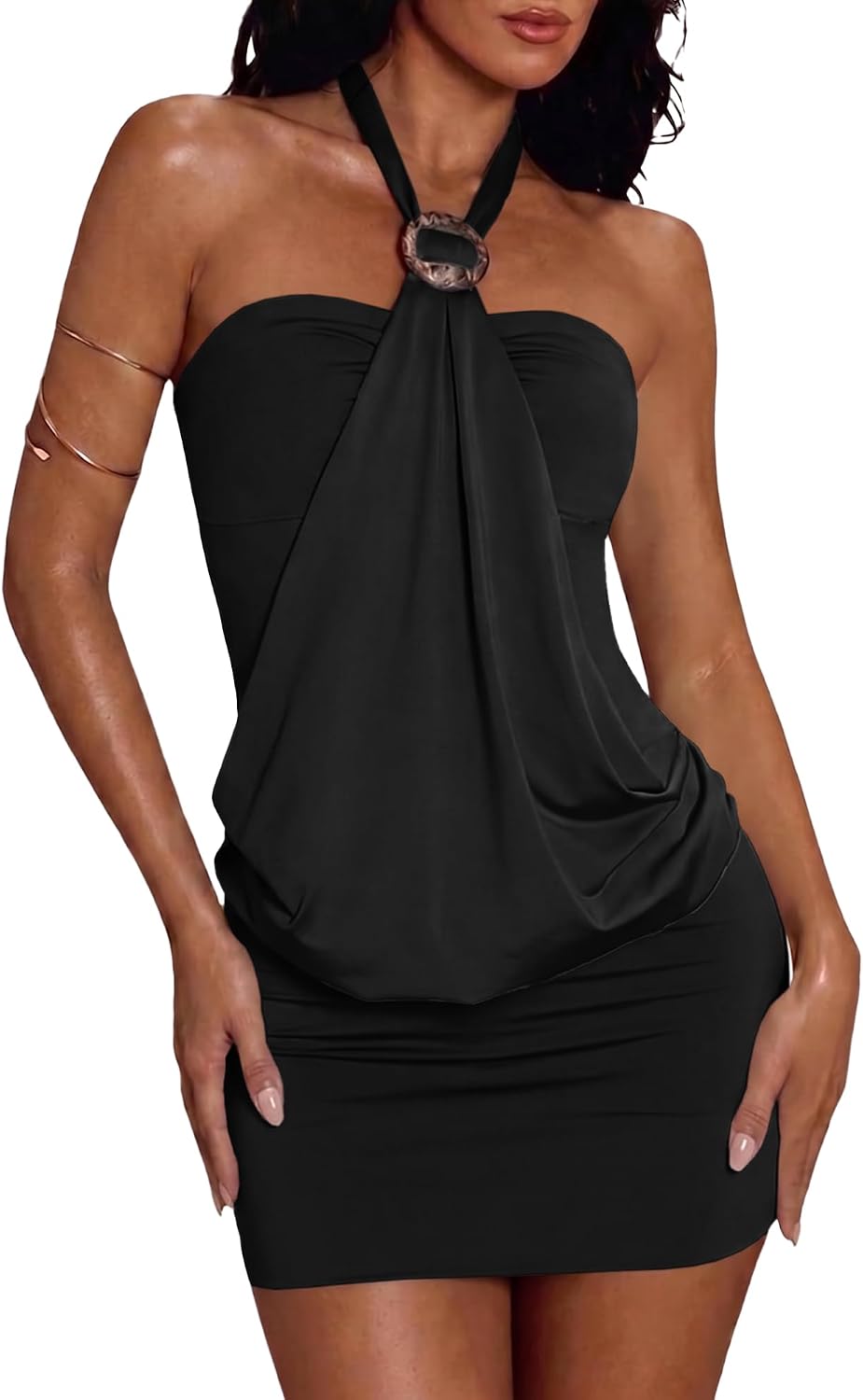 Women's Halter Mini Dress Y2K Ruffle Backless Sleeveless Bodycon Going Out Dress Western Club Party Button Sexy Dresses