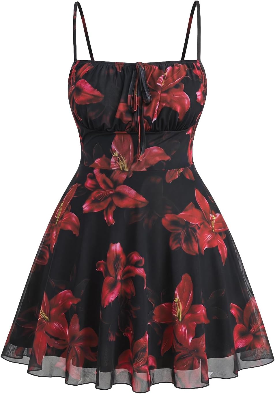 WDIRARA Women's Plus Size Floral Print Mesh Cami Dress | Tie Front, Ruffle Hem, A Line